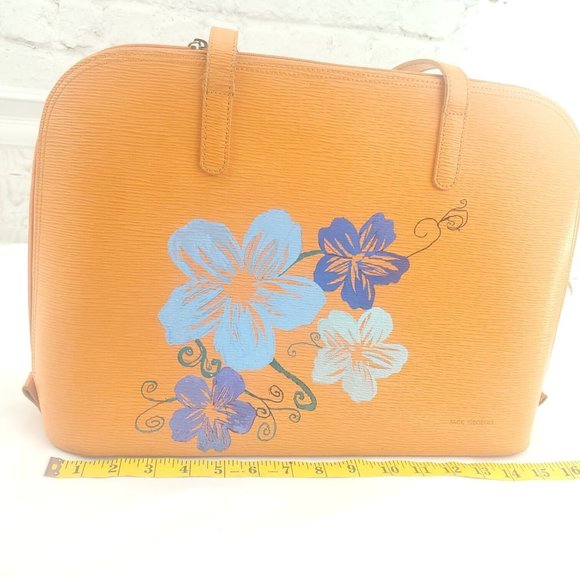 Jack Georges Womens Orange Leather Handpainted Floral Double Handles Tote Bag - Picture 11 of 15